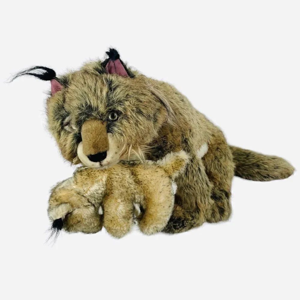 RARE Vintage 90s Large 27" Realistic Lynx with Baby Kitten Cub Plush Wildcat Toy